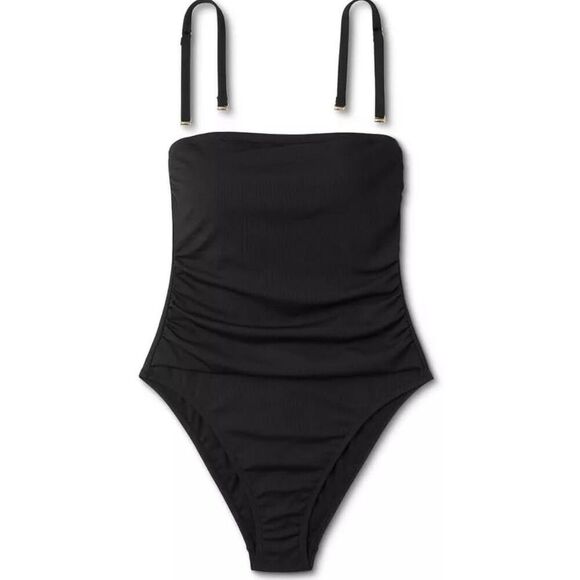 Shade & Shore Black One Piece Shirred Ribbed Bandeau Cheeky Swimsuit M 8 10 - Picture 3 of 6